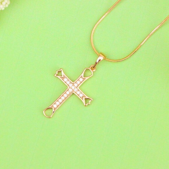 "Elegant Rose Gold Cross Pendant with CZ Stones and Cutout Design, XPPT1848 - Picture 13 of 13